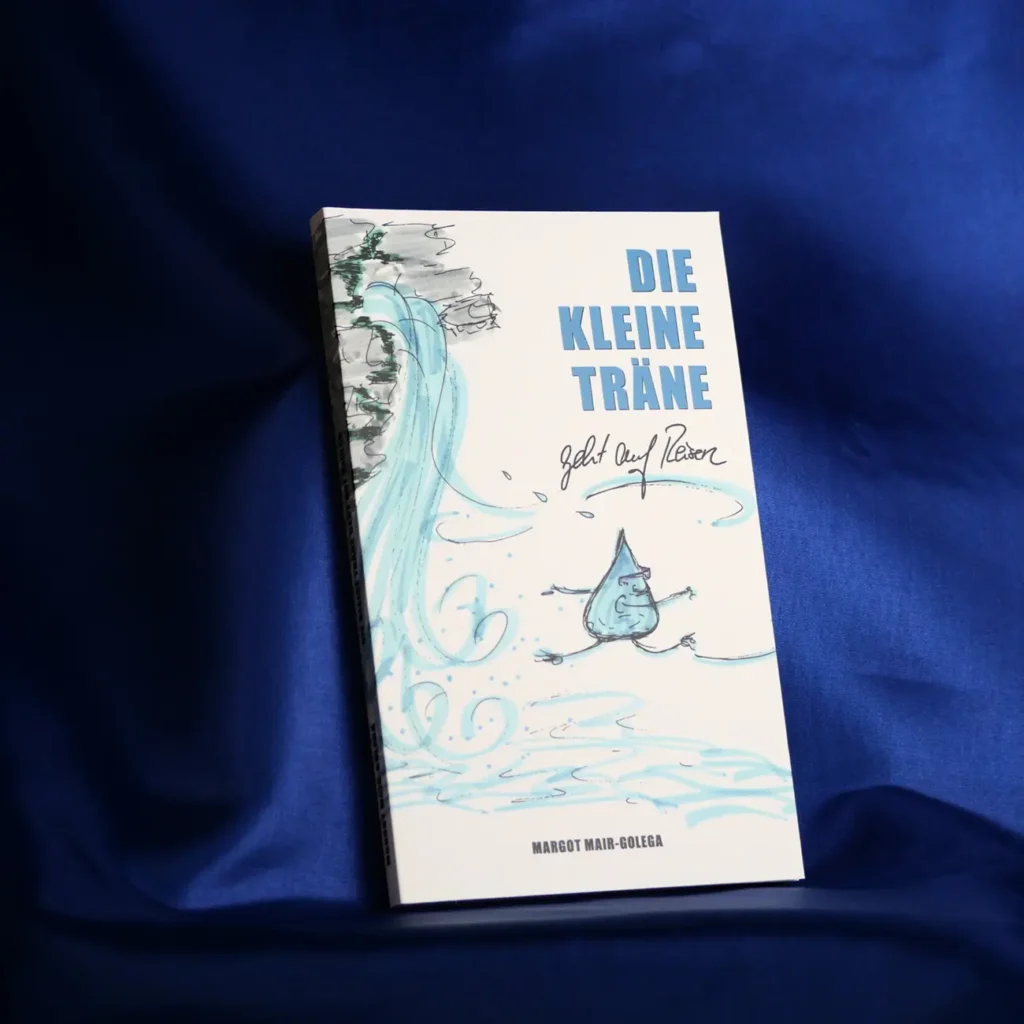 Das Buch mit dem Titel „Die kleine Träne“ und einer blauen Träne als Cartoon auf dem Einband.