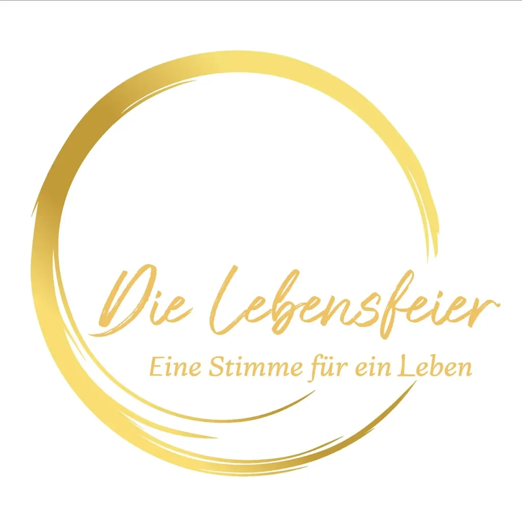 Goldener Kreis mit der Aufschrift „Die Lebensfeier, Eine Stimme für ein Leben“ im Inneren.