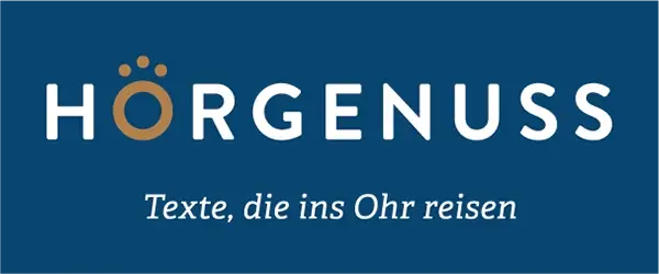 Blaues Logo mit dem Schriftzug „HÖRGENUSS“ und dem weißen Schriftzug „Texte, die ins Ohr reisen“.