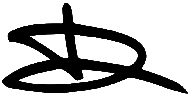 Schwarzes Logo in künstlerischer Schrift oder stilisierte Unterschrift auf einfarbigem Hintergrund.