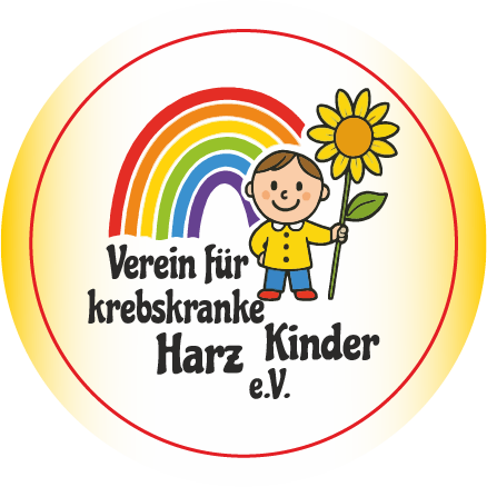 Lächelndes Kind, das eine Sonnenblume hält, Regenbogen, darunter deutscher Text.